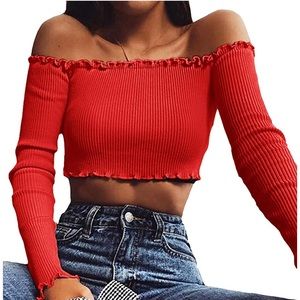Off Shoulder Long Sleeve Crop Top Red